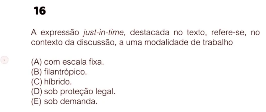 Questão da FUVEST sobre Toyotismo e Just in Time